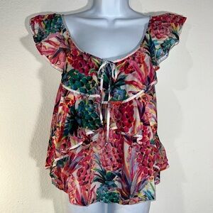 J. Crew Pink and Red Cap Sleeve Ruffled Blouse